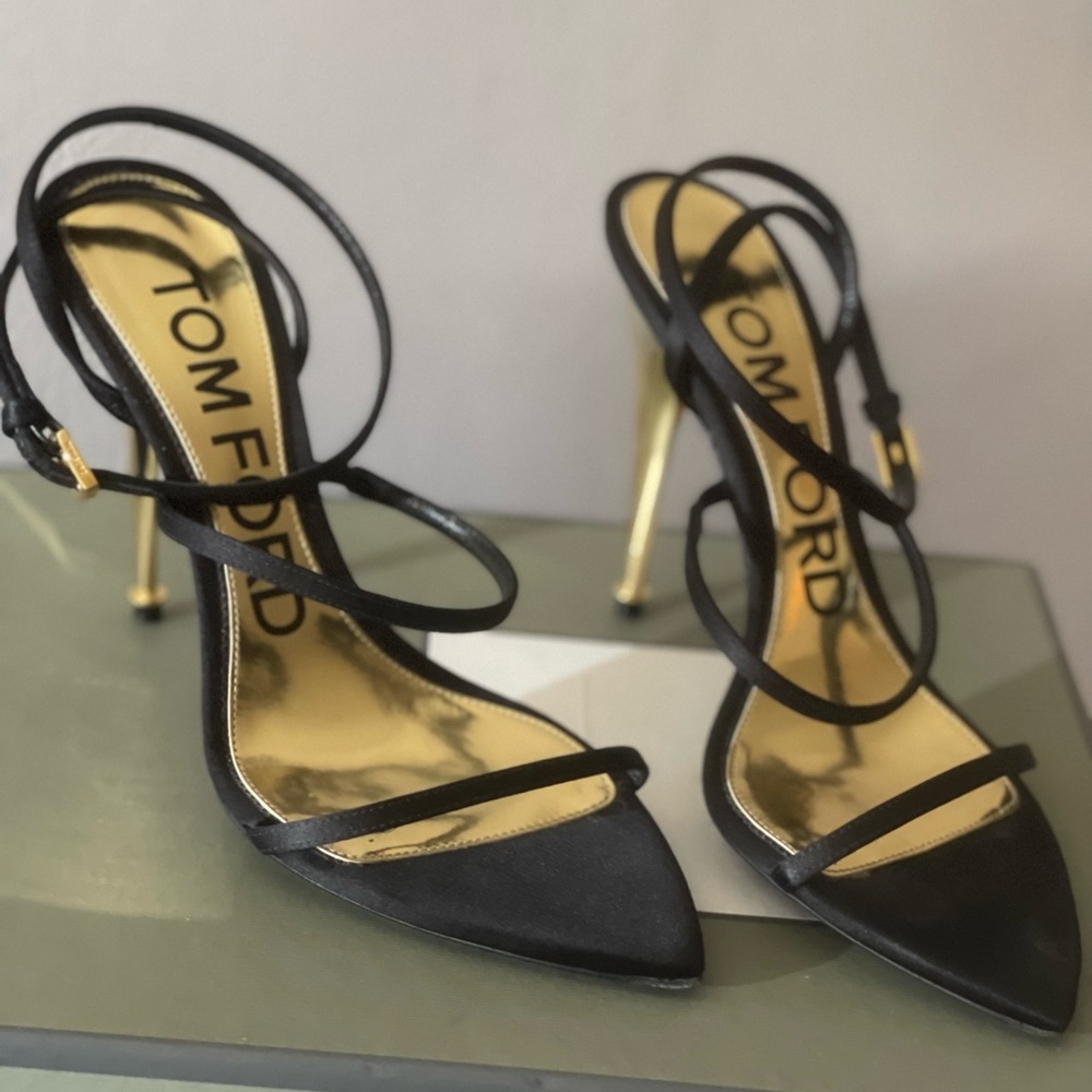 Black satin ankle strap with gold heel